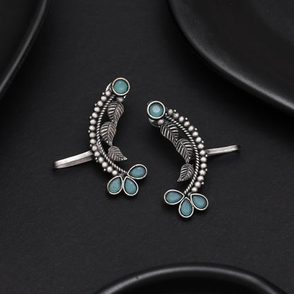 Sky Blue Color Oxidised Ear Cuff Earrings With Embossed Artwork