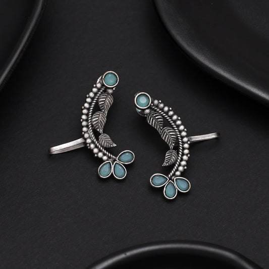 Sky Blue Color Oxidised Ear Cuff Earrings With Embossed Artwork