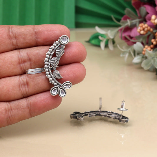 Wedding Style White Color Oxidised Ear Cuff Earrings With Shine