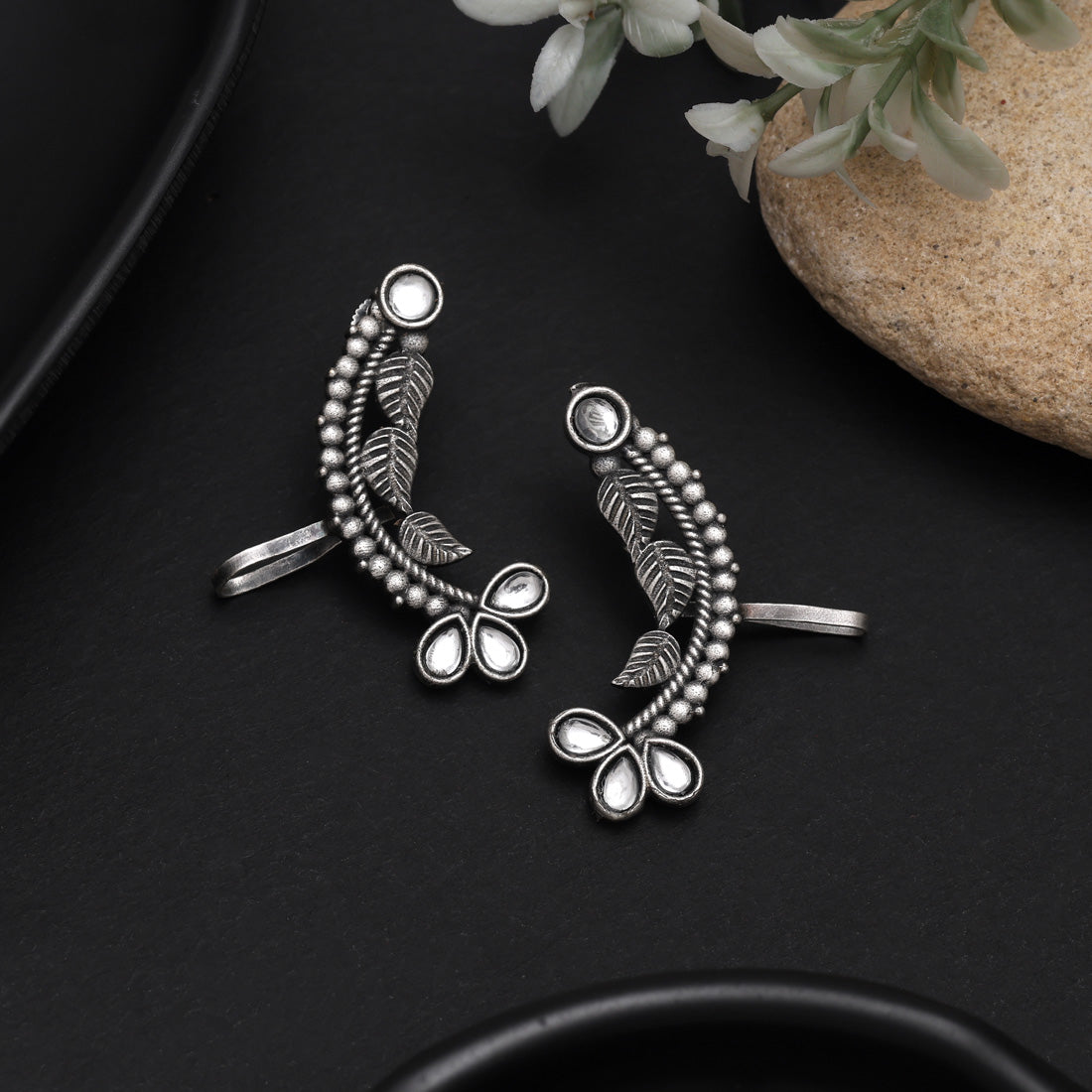 Wedding Style White Color Oxidised Ear Cuff Earrings With Shine