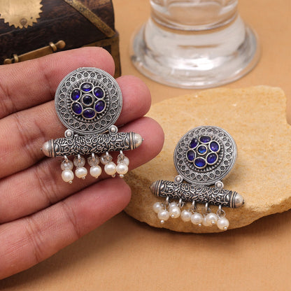 Blue Color Oxidised Fashion Earrings With Antique Shine And Detailed Work