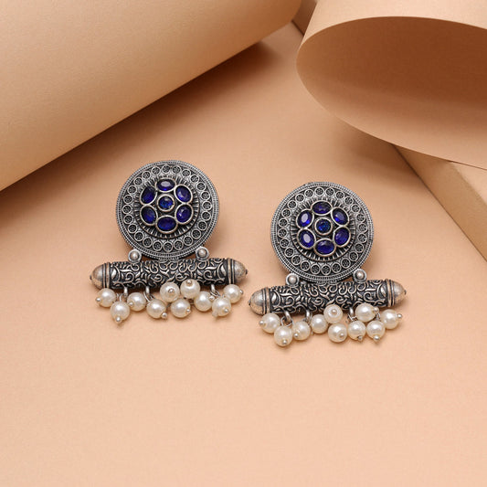 Blue Color Oxidised Fashion Earrings With Antique Shine And Detailed Work
