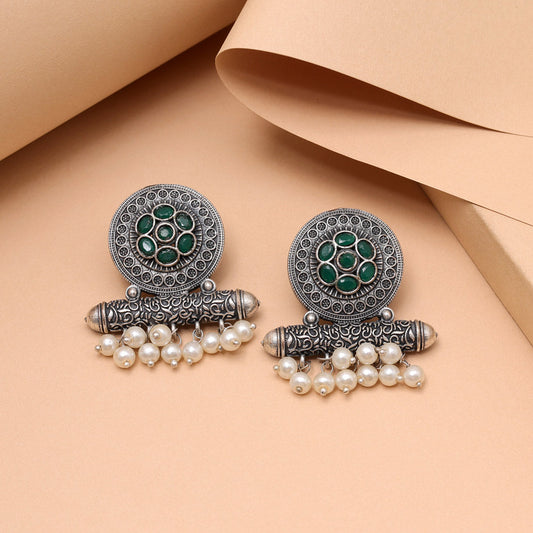 Green Color Oxidised Fashion Earrings With Royal Ethnic Statement Finish