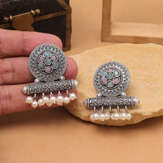 Pink & Pista Green Color Oxidised Fashion Earrings For Vibrant Outfits