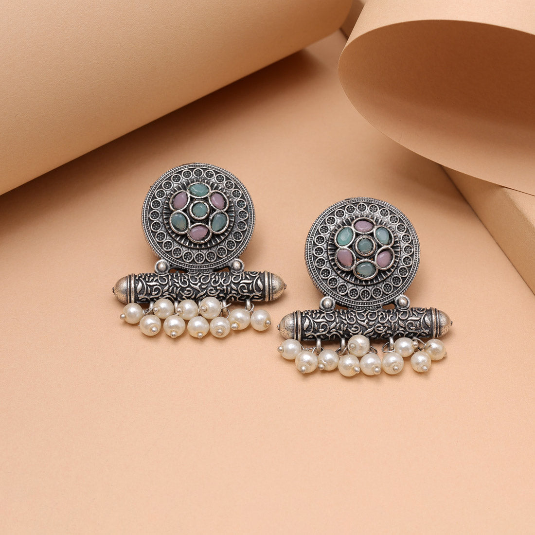 Pink & Pista Green Color Oxidised Fashion Earrings For Vibrant Outfits