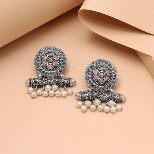 Pink Color Oxidised Fashion Earrings With Delicate Floral Vintage Detailing