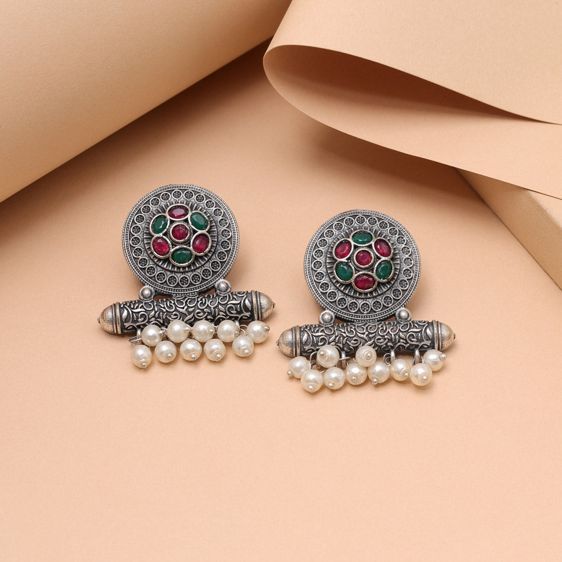 Rani & Green Color Oxidised Fashion Earrings For Dual-Tone Ethnic Looks