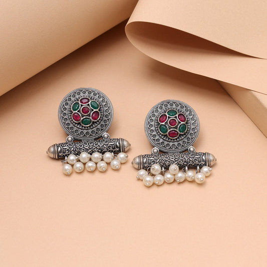 Rani & Green Color Oxidised Fashion Earrings For Dual-Tone Ethnic Looks