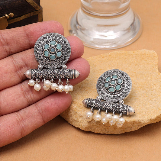 Sky Blue Color Oxidised Fashion Earrings For Soothing Ethnic Day Outfits