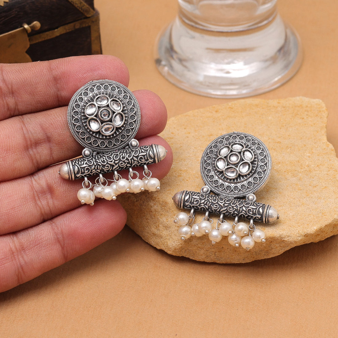 White Color Oxidised Fashion Earrings For Elegant Ethnic Wear Styling