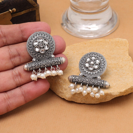 White Color Oxidised Fashion Earrings For Elegant Ethnic Wear Styling
