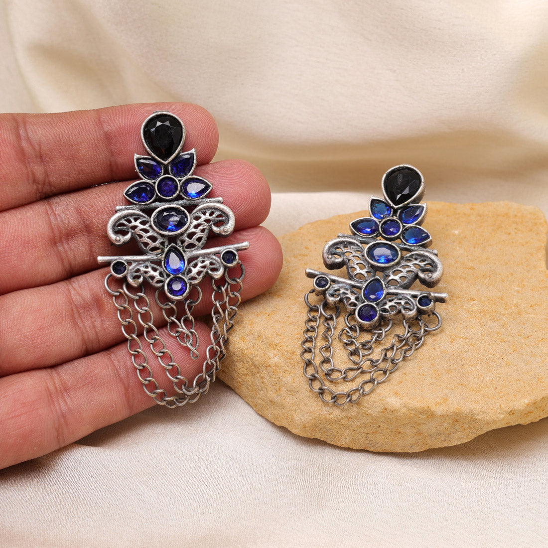 Blue Color Oxidised Fashion Earrings For Contemporary Festival Celebrations