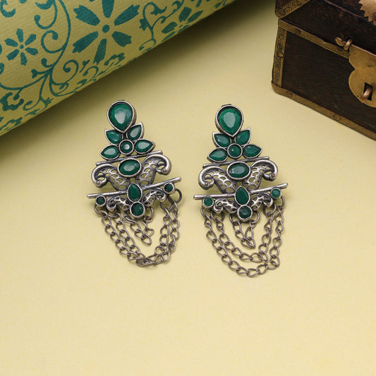 Green Color Oxidised Fashion Earrings Featuring Floral Embossed Carving