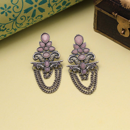 Pink Color Oxidised Fashion Earrings With Mirror Accents And Tribal Art