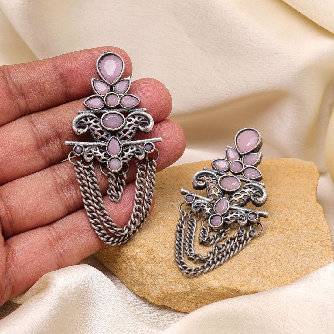 Pink Color Oxidised Fashion Earrings With Mirror Accents And Tribal Art
