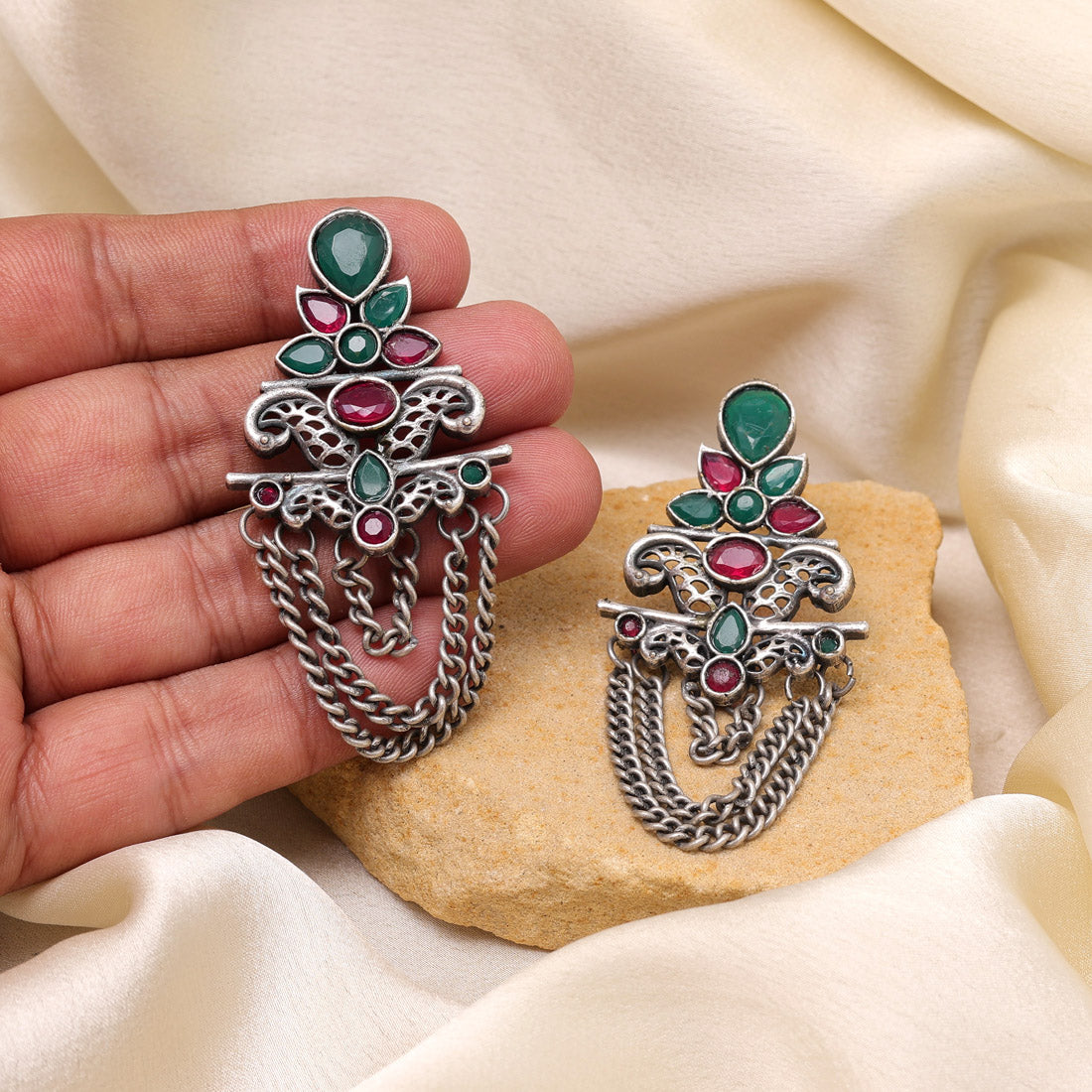 Rani & Green Color Oxidised Fashion Earrings With Unique Rustic Design