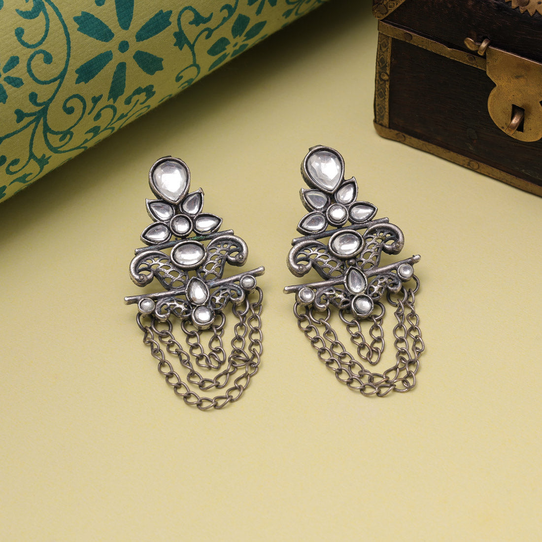 Silver Color Oxidised Fashion Earrings With Engraved Traditional Patterns