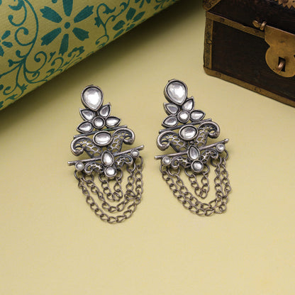 Silver Color Oxidised Fashion Earrings With Engraved Traditional Patterns