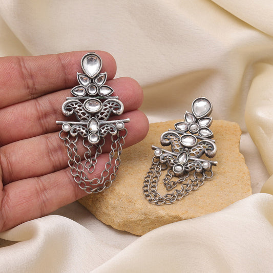 Silver Color Oxidised Fashion Earrings With Engraved Traditional Patterns