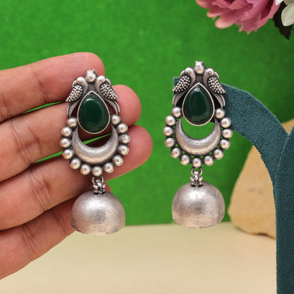 Green Color Oxidised Fashion Earrings With Leaf Carvings And Tribal Art