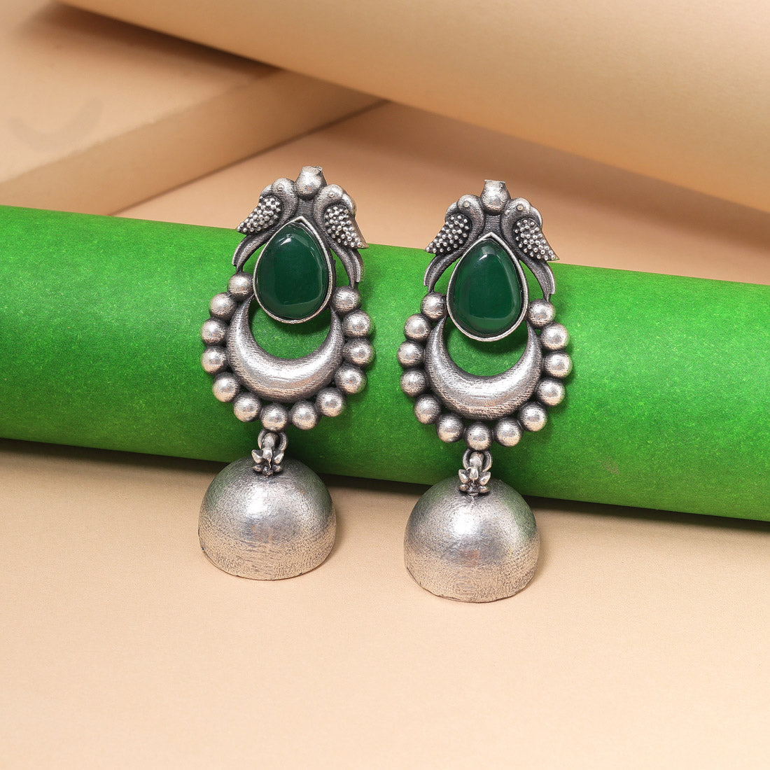 Green Color Oxidised Fashion Earrings With Leaf Carvings And Tribal Art