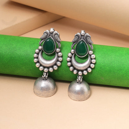 Green Color Oxidised Fashion Earrings With Leaf Carvings And Tribal Art