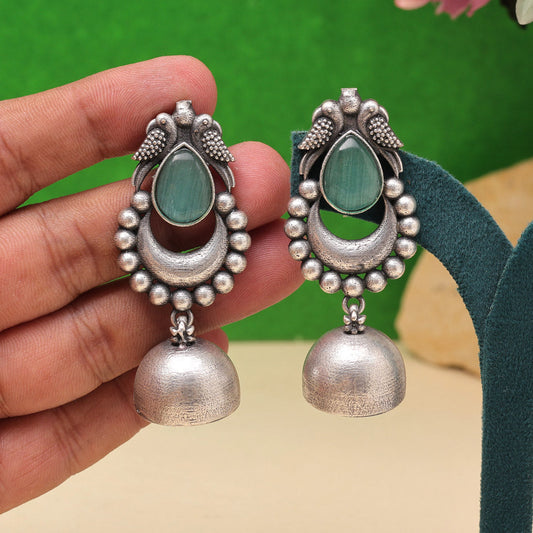 Light Green Color Oxidised Fashion Earrings With Nature Inspired Engraving