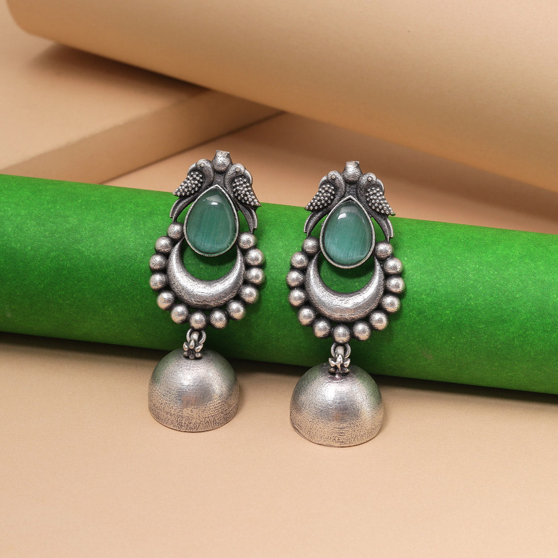 Light Green Color Oxidised Fashion Earrings With Nature Inspired Engraving