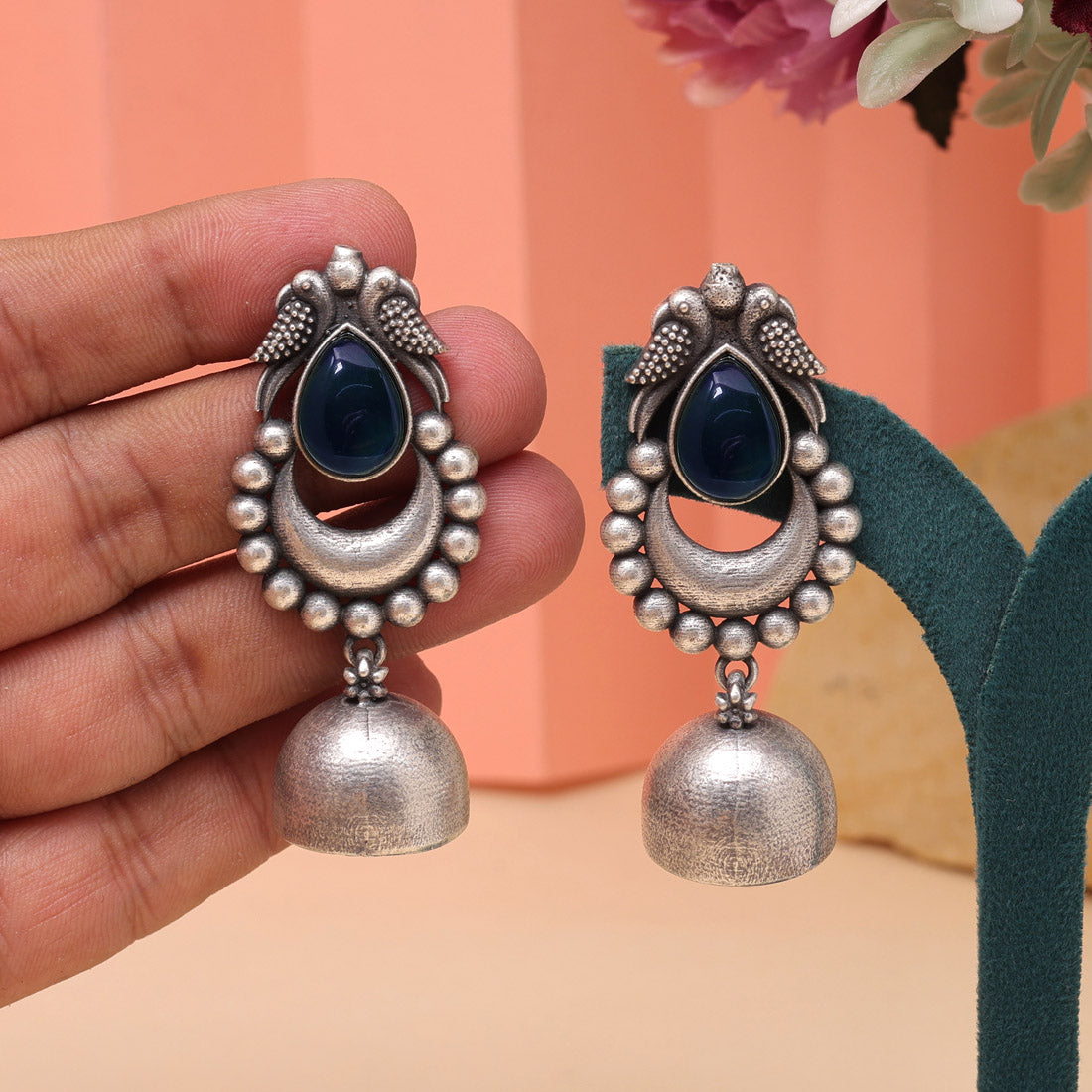 Teal Blue Color Oxidised Fashion Earrings With Bold Antique Patterned Design