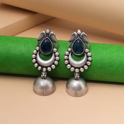 Teal Blue Color Oxidised Fashion Earrings With Bold Antique Patterned Design