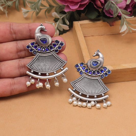 Blue Color Oxidised Fashion Earrings With Fine Metal Cut Work Detailing