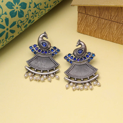 Blue Color Oxidised Fashion Earrings With Fine Metal Cut Work Detailing