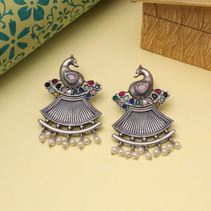 Multi Color Oxidised Fashion Earrings With Mirror Work And Tribal Vibe