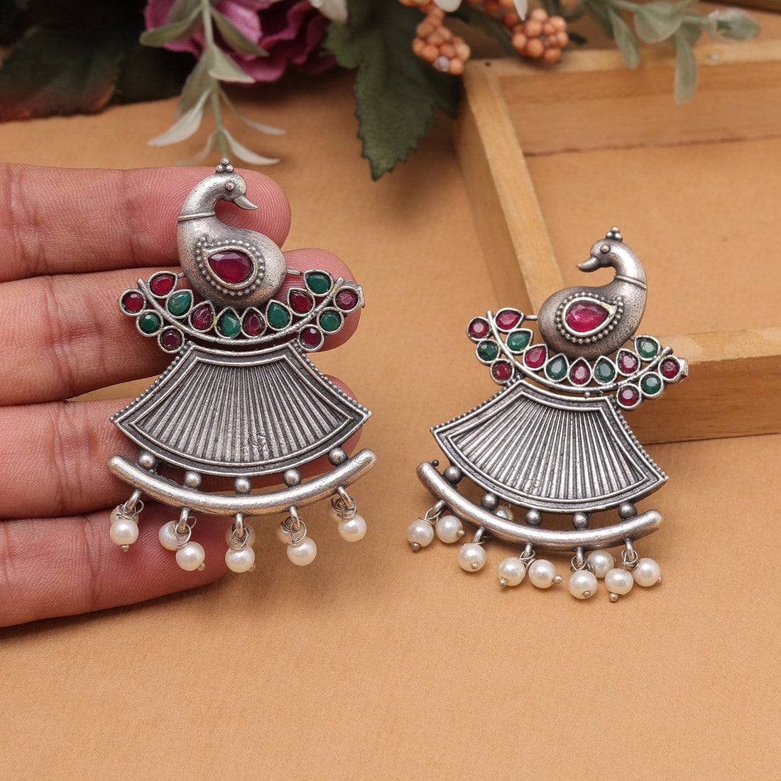 Rani & Green Color Oxidised Fashion Earrings For Classic Ethnic Matching