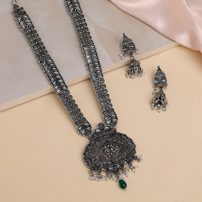 Green Color Oxidised Long Necklace Set (GSN2016GRN)