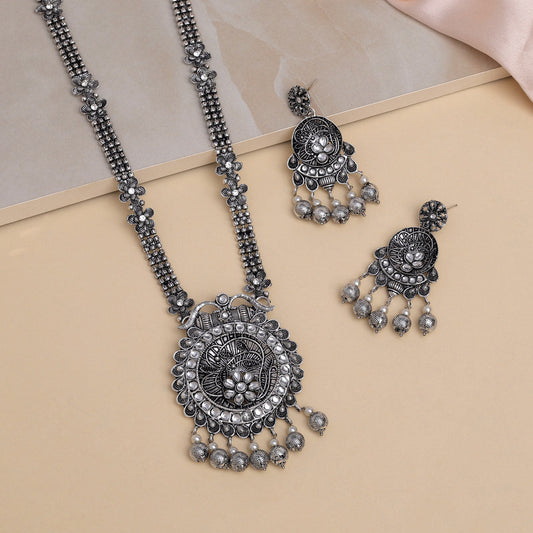 Silver Color Oxidised Long Necklace Set (GSN2019SLV)