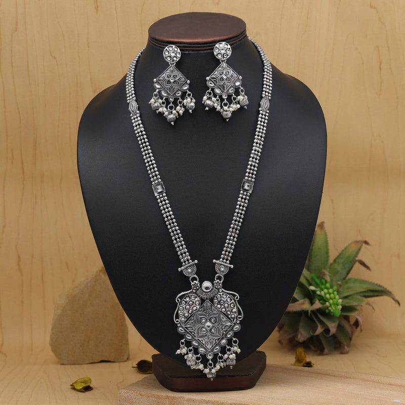 Silver Color Oxidised Long Necklace Set (GSN2020SLV)