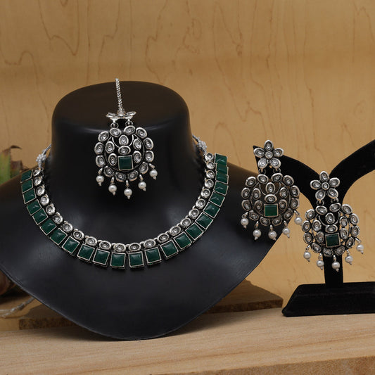 Green Color Oxidised Kundan Necklace Set (GSN2026GRN)