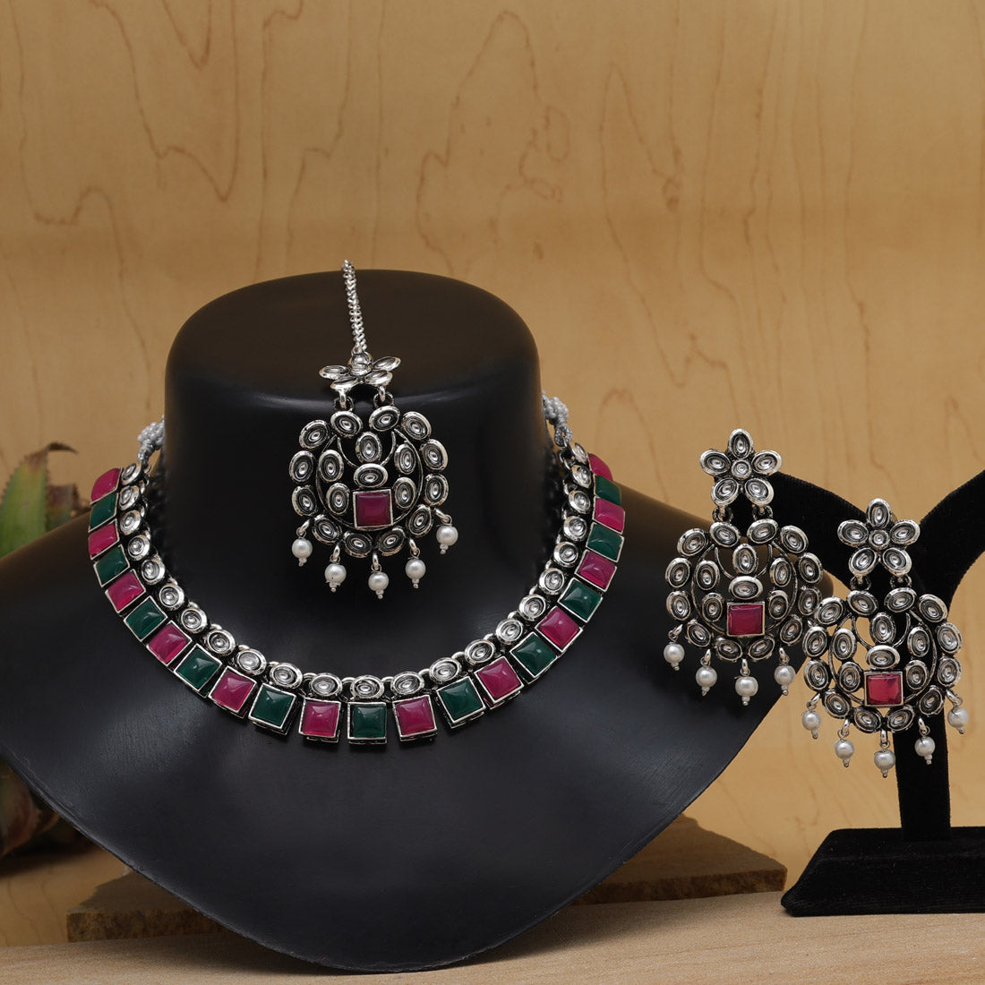 Rani & Green Color Oxidised Kundan Necklace Set (GSN2026RNIGRN)
