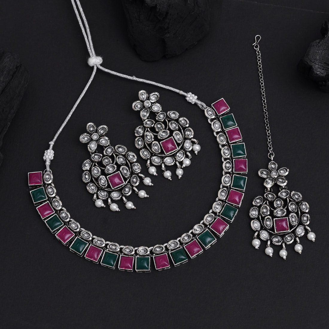 Rani & Green Color Oxidised Kundan Necklace Set (GSN2026RNIGRN)