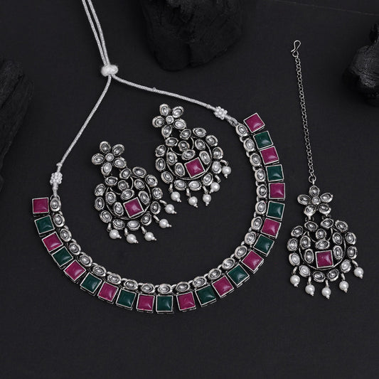 Rani & Green Color Oxidised Kundan Necklace Set (GSN2026RNIGRN)