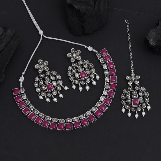 Rani Color Oxidised Kundan Necklace Set (GSN2026RNI)