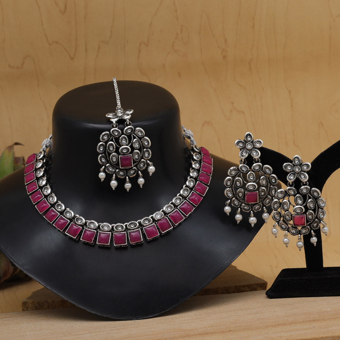 Rani Color Oxidised Kundan Necklace Set (GSN2026RNI)