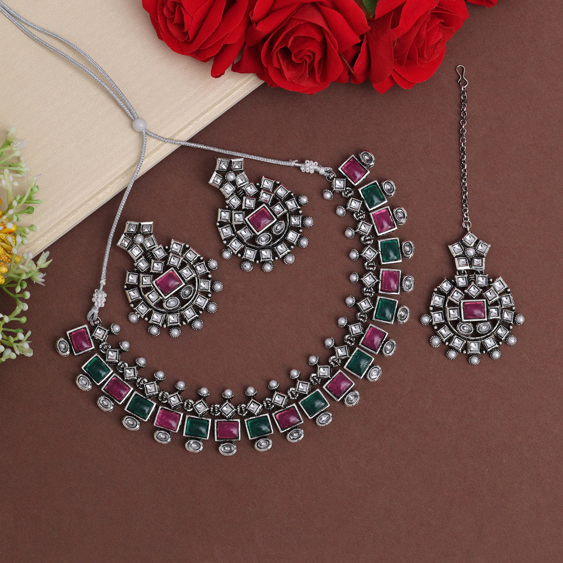 Rani & Green Color Oxidised Kundan Necklace Set (GSN2027RNIGRN)