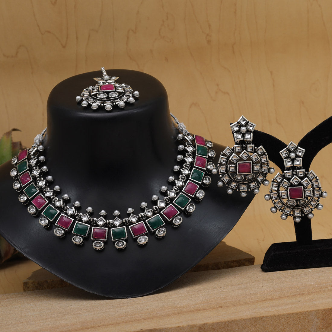 Rani & Green Color Oxidised Kundan Necklace Set (GSN2027RNIGRN)