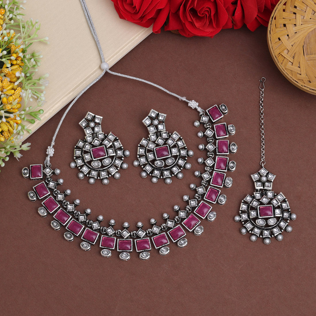 Rani & Green Color Oxidised Kundan Necklace Set (GSN2027RNI)