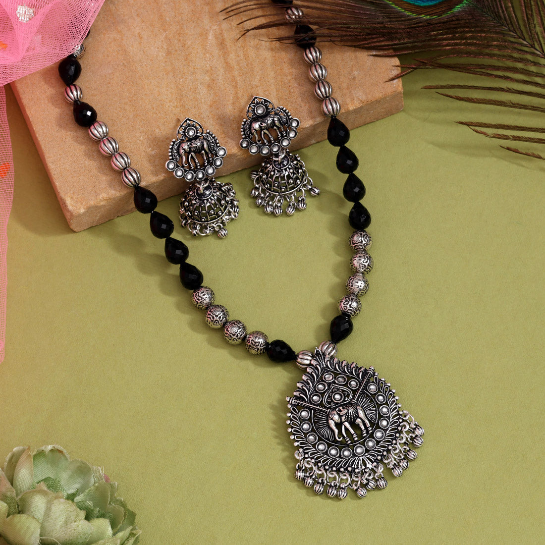 Silver Color Oxidised Necklace Set (GSN2049SLV)