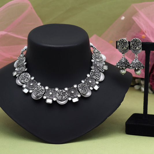 Silver Color Oxidised Necklace Set (GSN2070SLV)