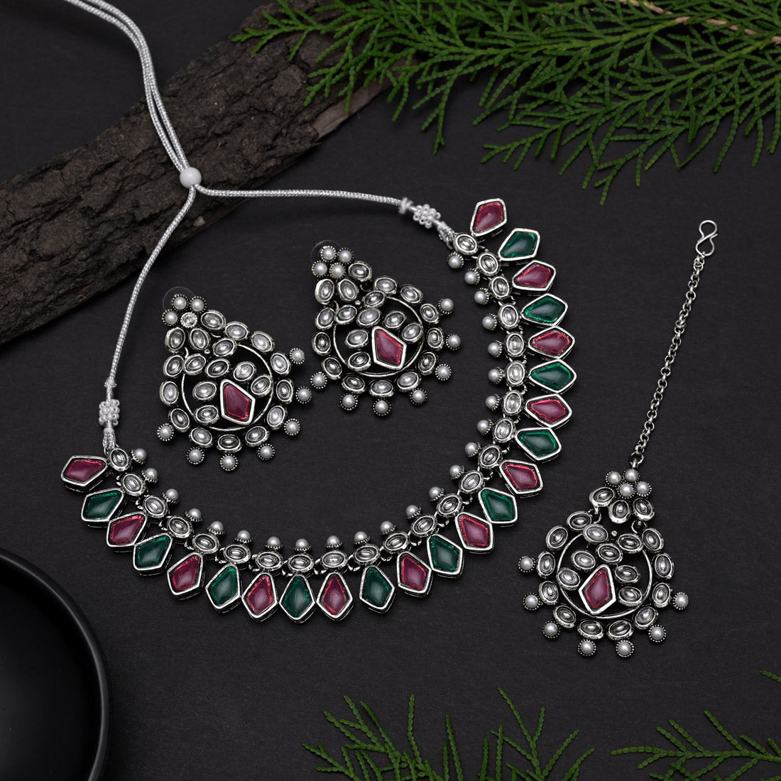 Rani & Green Color Oxidised Necklace Set (GSN2073RNIGRN)