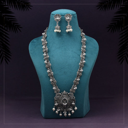 Silver Color Long Oxidised Necklace Set